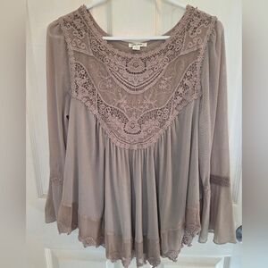Ultra Pink Bell Sleeve Crochet Lace Trim Blouse Babydoll - Taupe